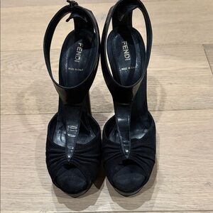 Fendi Black Leather & Suede Ankle-Strap Peep-Toe Heels